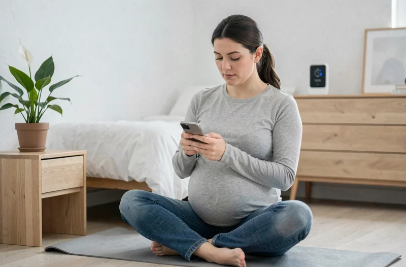 Femme enceinte consultant des informations sur la qualité de l'air intérieur dans une chambre minimaliste avec plante purifiante