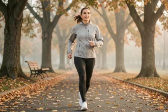 Femme de 40 ans marchant rapidement sur un sentier de parc en automne pour perdre du poids
