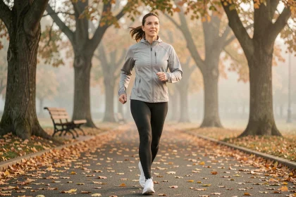 Femme de 40 ans marchant rapidement sur un sentier de parc en automne pour perdre du poids