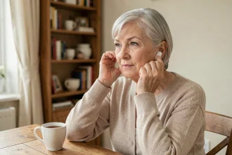 Femme senior insérant un appareil auditif rechargeable Audika dans son oreille à domicile
