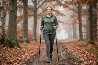 Femme de plus de 60 ans pratiquant la marche nordique sur un sentier forestier en automne avec des bâtons de marche