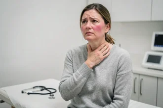 Femme de 40 ans tenant sa gorge dans un cabinet médical, illustrant les symptômes d'hyperthyroïdie comme la sensibilité au niveau du cou