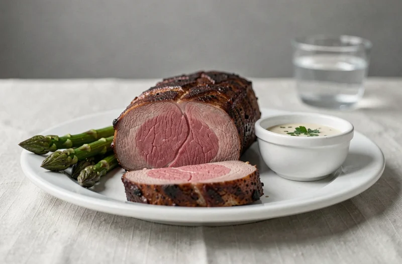 Filet de bœuf maigre cuit à point tranché sur assiette avec asperges rôties pour un repas minceur équilibré