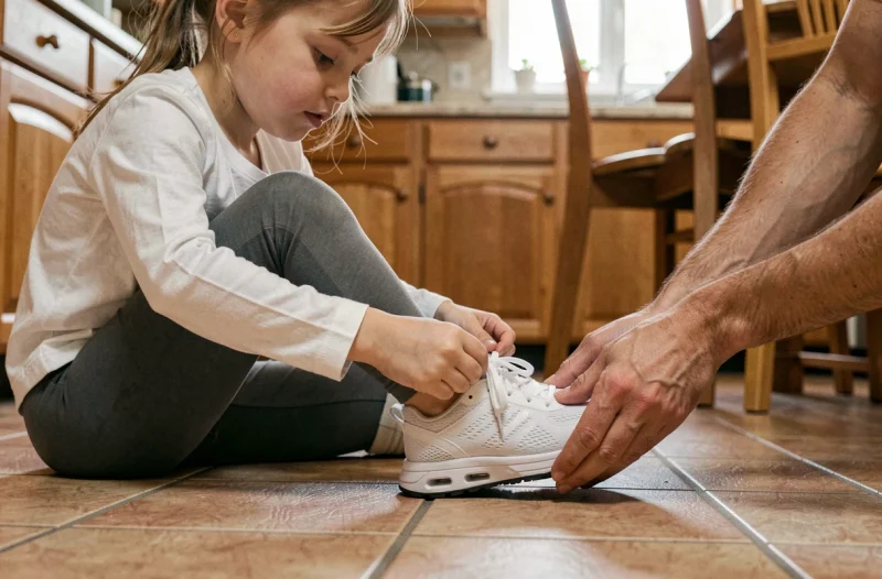 Fillette retirant sa chaussure de sport avec l'aide d'un parent en raison d'une douleur au talon gauche à la maison