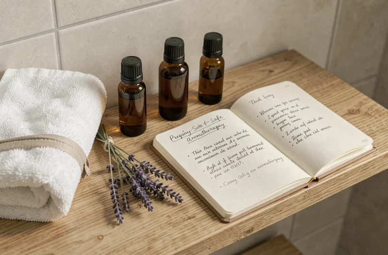 Flacons d'huiles essentielles ambrés et notes manuscrites sur les précautions pendant la grossesse