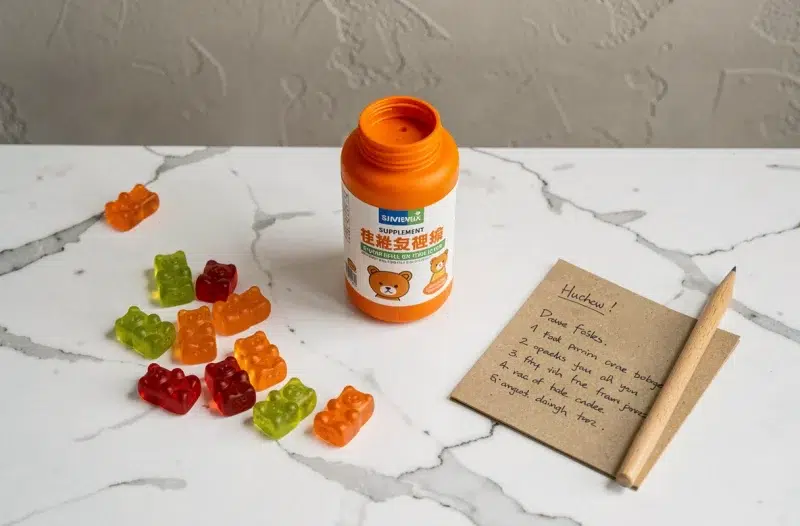 Vue à plat d'un flacon de gummies Bears with Benefits ouvert sur un marbre blanc avec prise de notes manuscrites