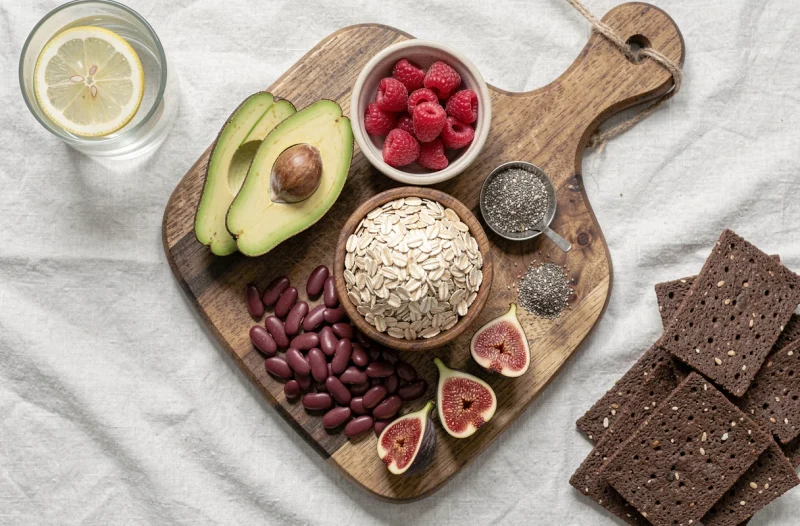 Vue de dessus d'aliments riches en fibres alimentaires disposés sur une planche en bois pour illustrer la minceur