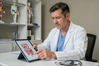 Gastroentérologue examinant un schéma anatomique sur tablette dans un cabinet médical moderne