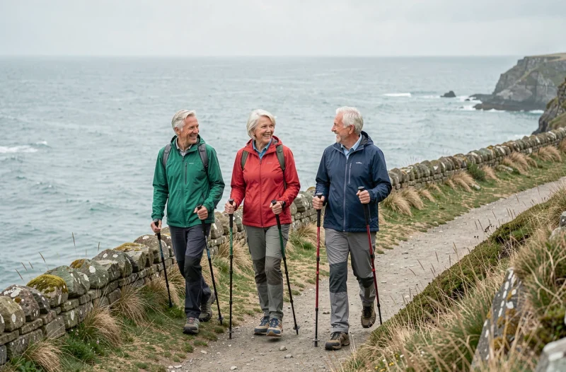 Groupe de seniors pratiquant la marche nordique ensemble sur un sentier côtier avec des bâtons, partageant un moment convivial