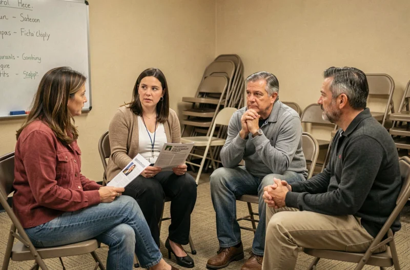 Groupe de soutien pour les aidants familiaux confrontés à l'anosognosie, réunis en cercle dans une salle communautaire lors d'une séance d'échange
