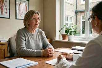 Patiente atteinte de la maladie de Ménière lors d'une consultation médicale, exprimant un sentiment d'espoir après une guérison partielle