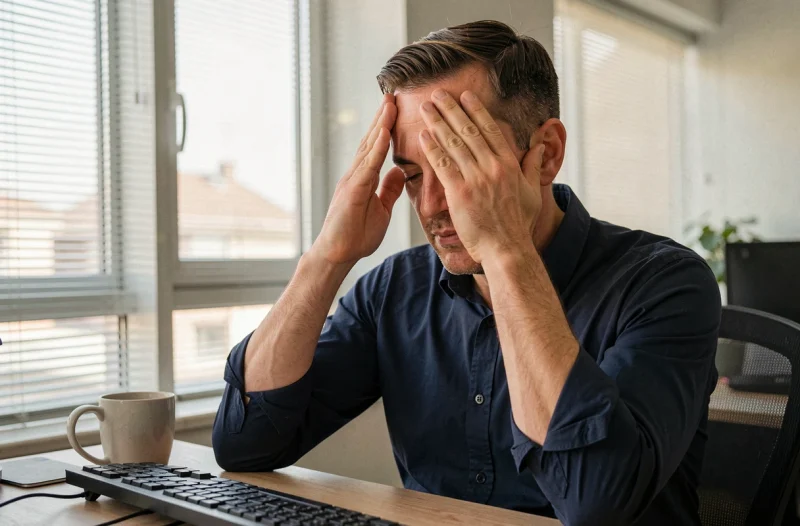 Homme au bureau pratiquant la technique du palming pour reposer ses yeux, remède naturel