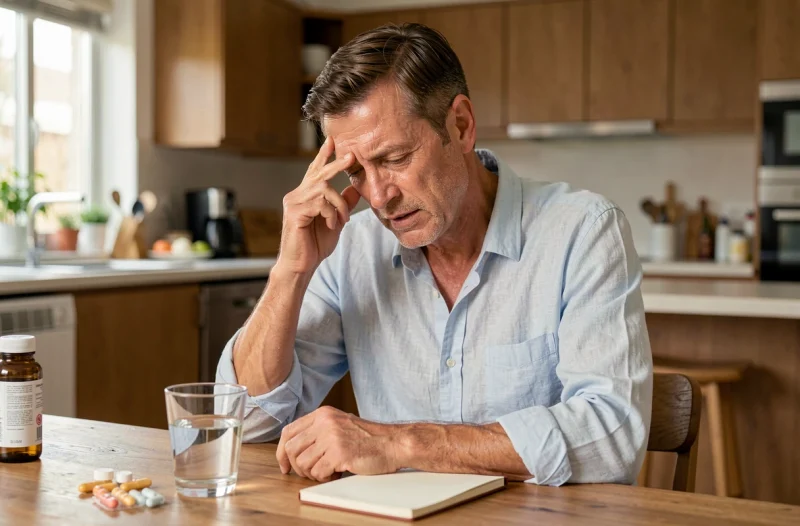 Homme fatigué à la table de cuisine avec des médicaments, symbolisant les symptômes courants de l'hyperthyroïdie comme la fatigue et les palpitations