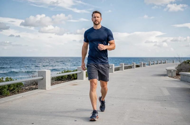 Homme en marche rapide sur une promenade côtière pour améliorer la perte de poids