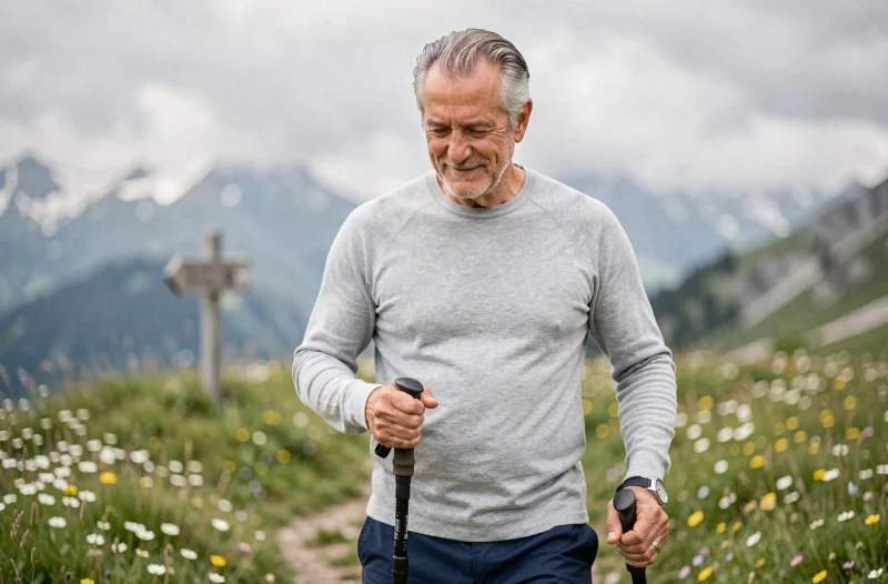 Homme senior faisant une pause lors d'une randonnée de marche nordique en montagne dans un pré fleuri au printemps
