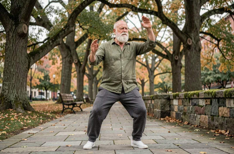Homme de 72 ans pratiquant le tai chi dans un parc urbain en automne, une activité douce recommandée pour maintenir la mobilité et l'équilibre chez les seniors après 65 ans