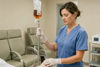 Infirmière surveillant une perfusion de fer intraveineuse dans une salle de soins hospitalière moderne
