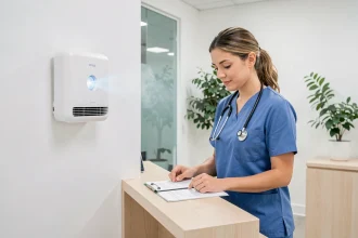 Ioniseur d'air fixé au mur d'un cabinet médical moderne avec une réceptionniste en tenue médicale bleue