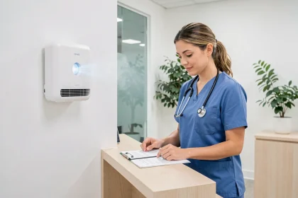 Ioniseur d'air fixé au mur d'un cabinet médical moderne avec une réceptionniste en tenue médicale bleue