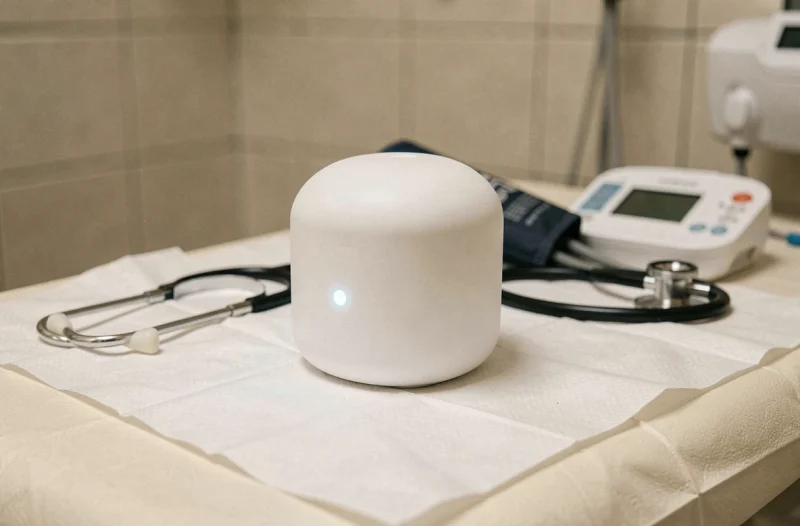 Gros plan sur un ioniseur d'air portable posé sur une table d'examen médical avec des instruments de santé