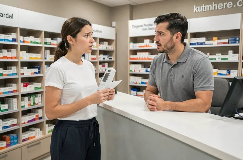 Jeune femme en pharmacie demandant conseil sur les médicaments après une infection urinaire compliquée, pharmacien expliquant le traitement