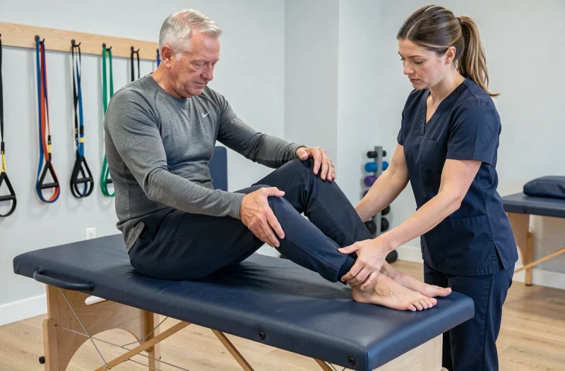 Séance de kinésithérapie pour soulager les douleurs articulaires liées à l'arthrose chez un homme âgé