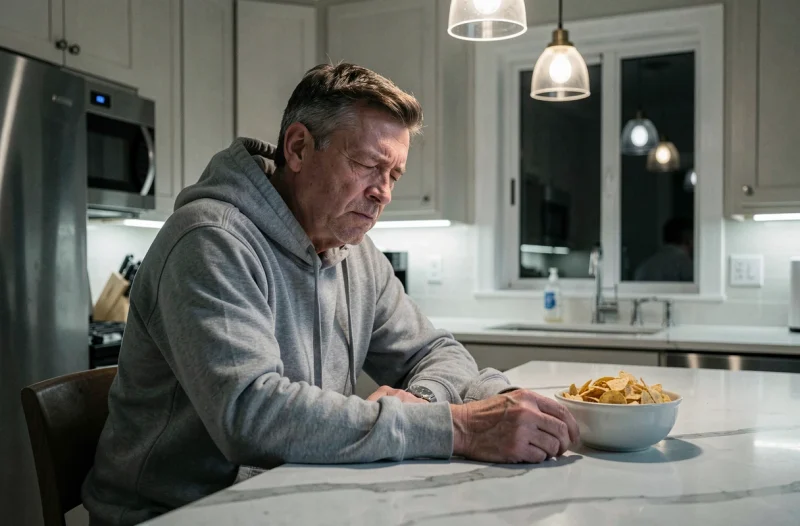 Homme fatigué grignotant la nuit dans une cuisine moderne, représentant le lien entre le manque de sommeil et la prise de poids