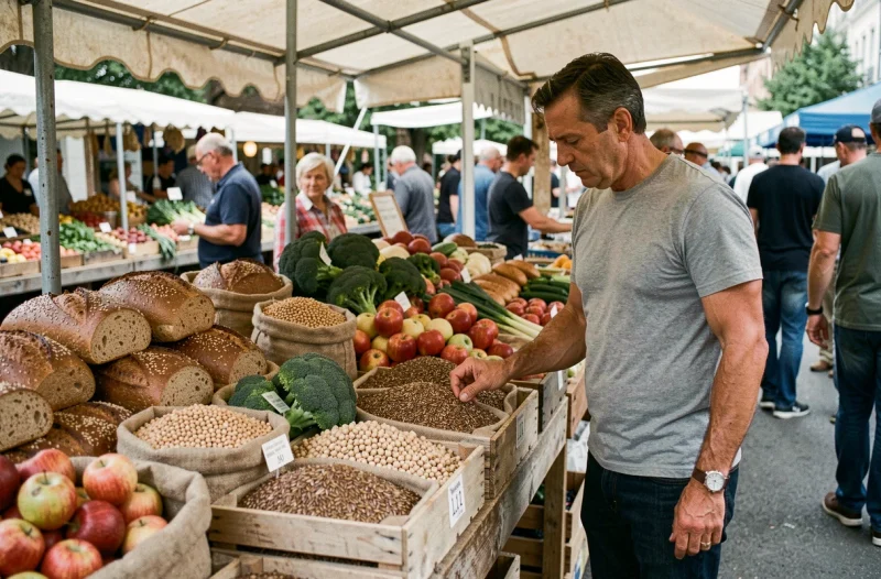 Homme au marché devant des étals d'aliments riches en fibres comme légumineuses et pain complet