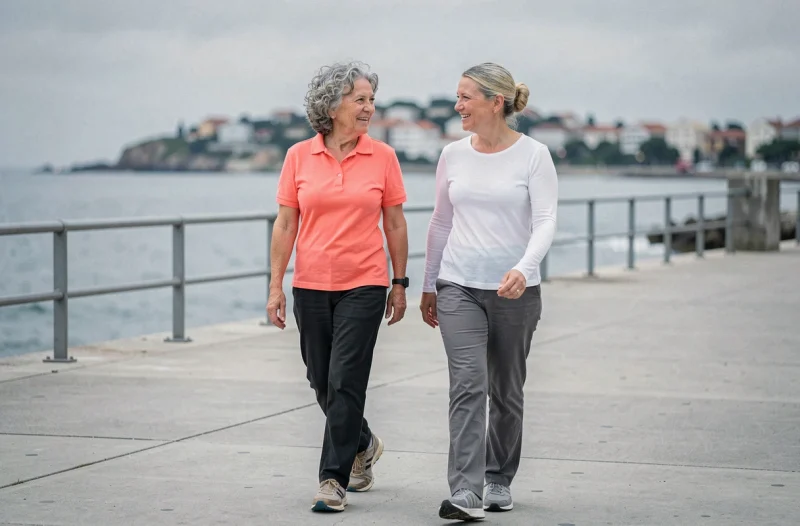Deux femmes retraitées marchant ensemble sur un front de mer pour maintenir leur mobilité articulaire de façon douce