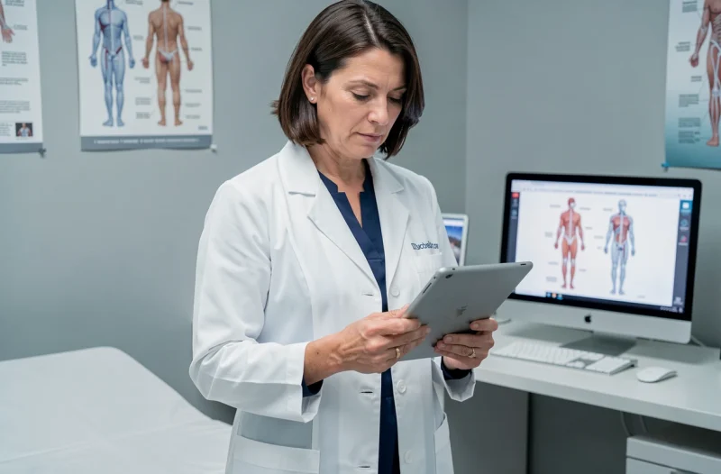 Médecin femme en consultation médicale examinant les résultats d'une patiente pour détecter des complications rénales après une infection urinaire