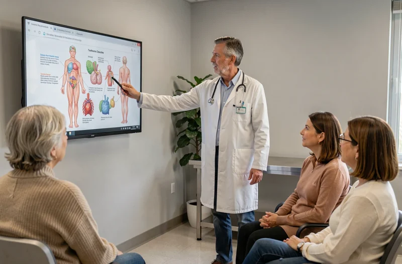 Médecin expliquant le fonctionnement du système immunitaire à des patients lors d'une consultation sur les effets du stress