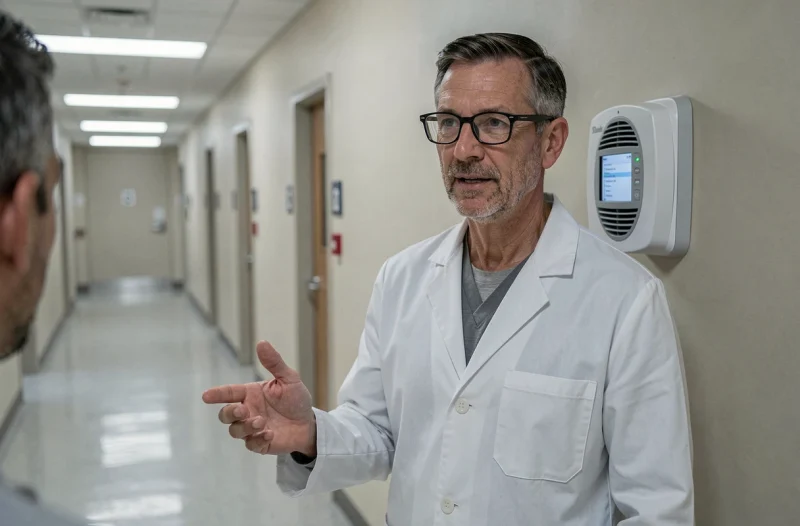 Médecin en blouse blanche expliquant le fonctionnement d'un ioniseur d'air dans un couloir hospitalier