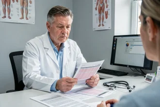 Médecin examinant des résultats d'analyses sanguines montrant le taux de Gamma GT d'un patient lors d'une consultation médicale