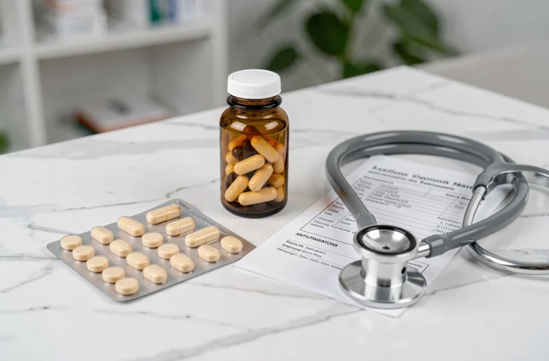 Médicaments et traitements modernes contre l'arthrose, comprimés anti-inflammatoires et compléments articulaires sur marbre blanc