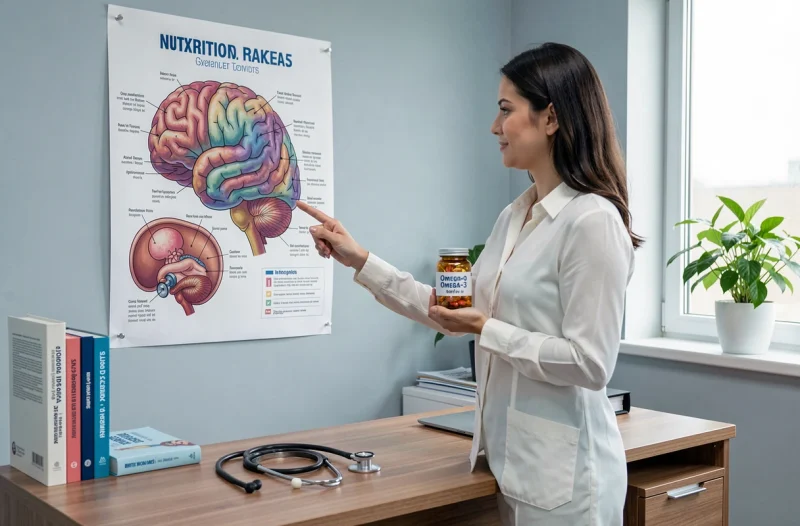 Nutritionniste en cabinet médical présentant un schéma du développement cérébral fœtal et des capsules d'oméga-3 pour la santé des femmes enceintes