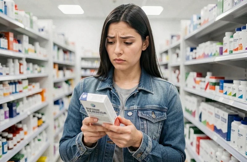 Femme examinant un complément minceur en pharmacie avec un regard critique, illustrant que Reborn 21 n'est pas une solution miracle