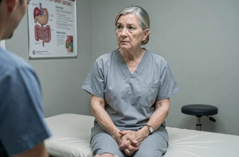 Patiente en consultation de gastroentérologie attendant des résultats sur un polype intestinal