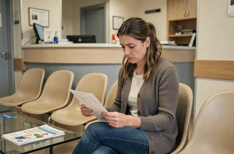 Femme patiente tenant ses résultats d'analyses biologiques dans une salle d'attente médicale, préoccupée par son taux de Gamma GT