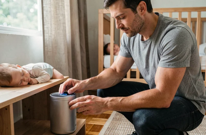 Père réglant un purificateur d'air dans la chambre de son bébé pour améliorer la qualité de l'air intérieur