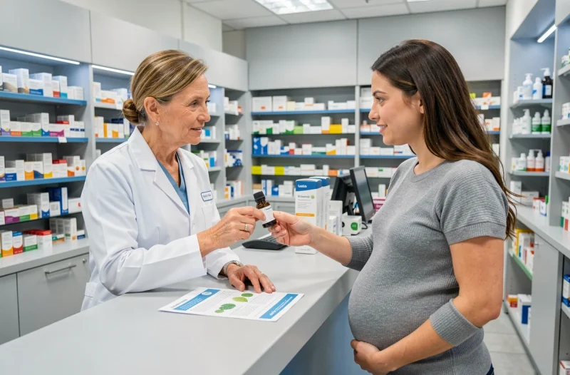 Pharmacienne conseillant une femme enceinte sur l'utilisation sécurisée des huiles essentielles