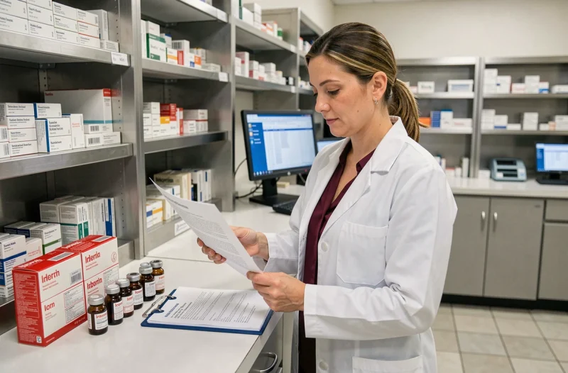 Pharmacienne consultant la documentation sur les effets secondaires de la perfusion de fer en pharmacie hospitalière