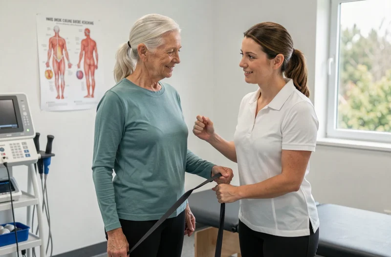 Femme senior de 70 ans réalisant un exercice de mobilité de la hanche avec une bande de résistance accompagnée d'une physiothérapeute dans une clinique de rééducation, illustrant les soins adaptés pour les personnes de plus de 65 ans