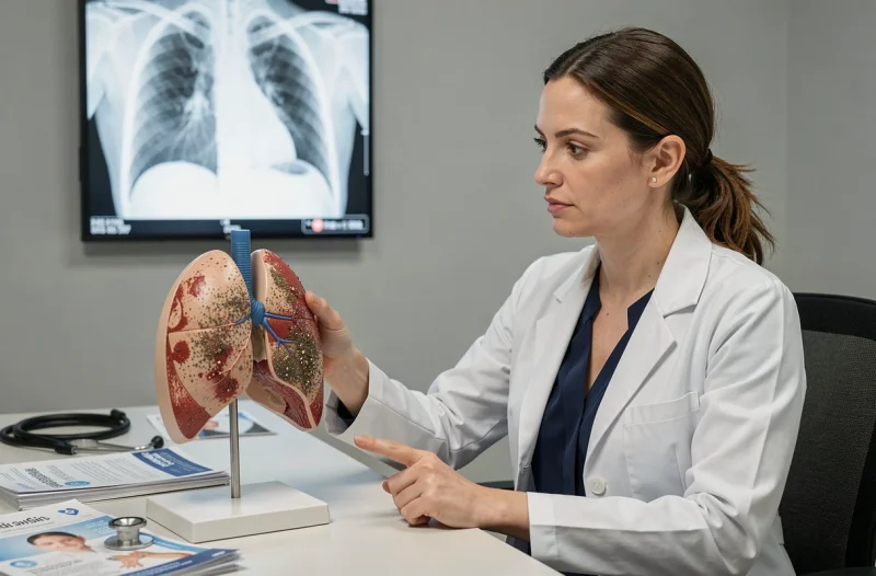 Médecin pneumologue présentant un modèle anatomique de poumons affectés par la pollution dans un cabinet hospitalier moderne