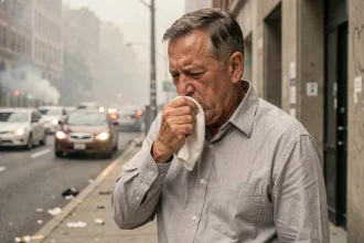 Homme d'âge mûr toussant dans une rue urbaine polluée, illustrant l'impact de la pollution atmosphérique sur les maladies respiratoires