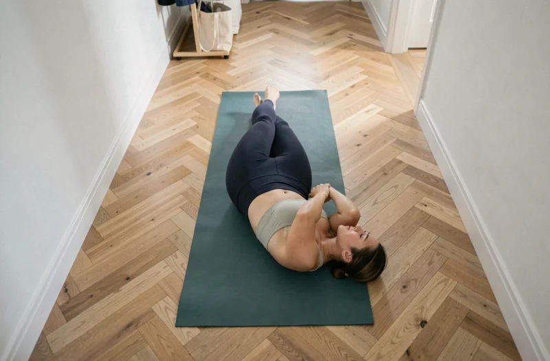 Femme allongée sur un tapis de yoga effectuant une posture de détente lombaire genoux-poitrine dans un couloir lumineux