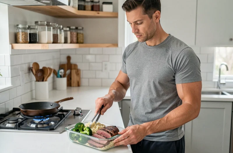 Homme sportif préparant ses repas avec de la viande rouge maigre grillée et des légumes dans une cuisine moderne
