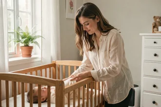 Jeune mère déposant son bébé dans un berceau en bois dans une chambre avec purificateur d'air et plantes vertes
