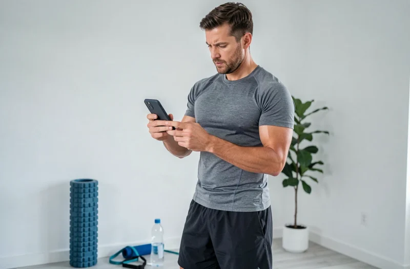 Homme consultant son suivi d'entraînement sur smartphone dans son espace fitness à domicile, illustrant l'importance de la régularité dans l'application du programme Reborn 21