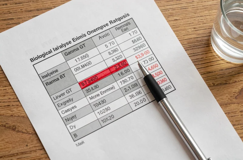 Résultats d'analyses biologiques en gros plan montrant un taux de Gamma GT élevé hors des valeurs normales sur un document médical imprimé