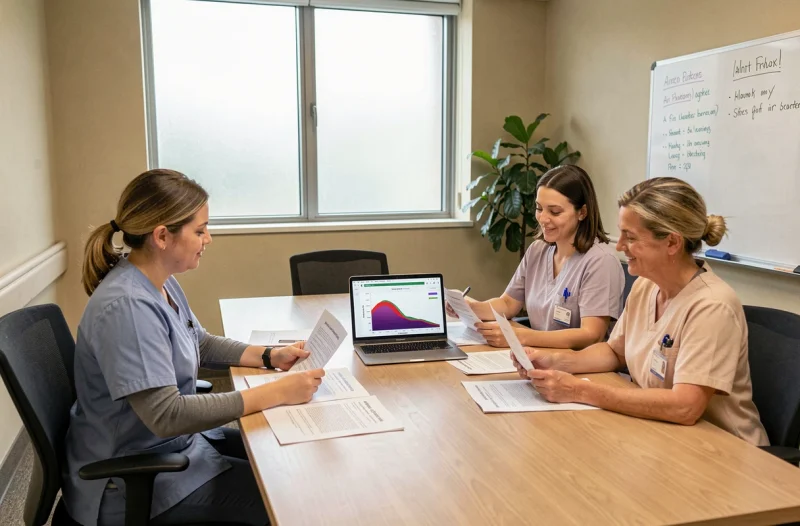 Personnel hospitalier analysant des rapports de qualité de l'air intérieur lors d'une réunion de service